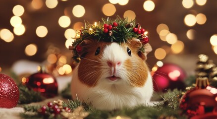 Festive guinea pig with holiday decorations and lights