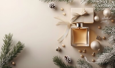 A bottle of perfume is on a table with a box and some ornaments