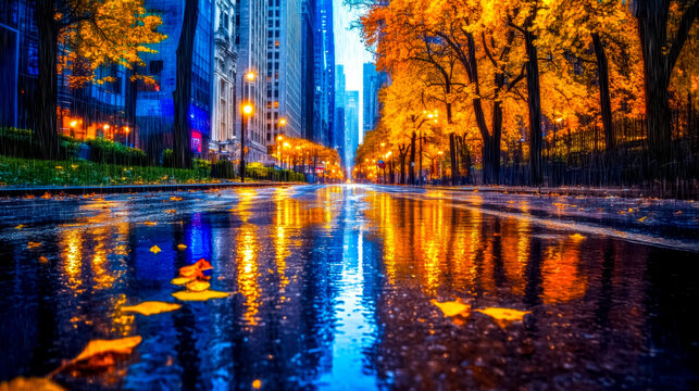 Rain falling on chicago street reflecting city lights at night during autumn