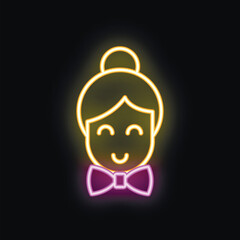 Yellow and purple neon sign of a waiter with a bow tie smiling on a black background