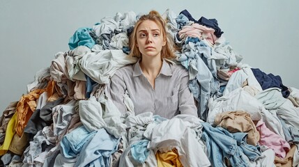 A frustrated young Caucasian woman surrounded by a mountain of wrinkled clothes, expressing the chaos of laundry day.