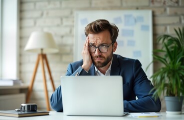 Businessman sits at office desk working on laptop. Looks confused, uncertain. Appears thoughtful, troubled about work business issues. Office environment modern, comfortable. Man looking at computer