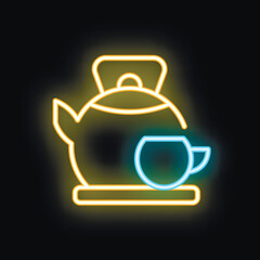 Glowing neon sign of a teapot and cup on a black background