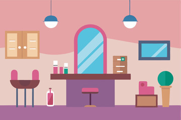 Fototapeta premium A cartoon-style beauty salon/spa in pink and purple hues. Oval mirror, hair products, wooden cabinet, pink sink/stool, potted plant. Colorful, detailed, grooming-themed ambiance.