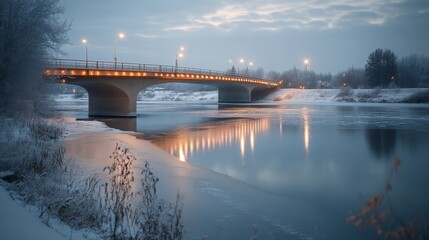 A serene winter scene featuring a bridge illuminated at dusk, reflecting on a frozen river, surrounded by snow-covered landscape.