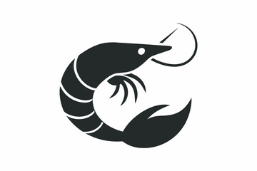 Fototapeta premium A black shrimp logo on a white background, vertically positioned with antennae, claws, legs, and divided body. Simple, plain black and white design.