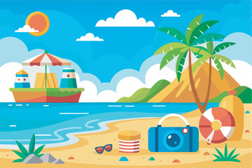 Obraz premium A sunny beach scene with a ship, palm tree, umbrellas, and people relaxing, under a clear sky with fluffy clouds. Iconic vacation setting on a vibrant shore.