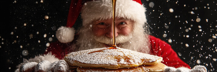 Santa Claus Pouring Syrup on a Stack of Pancakes
