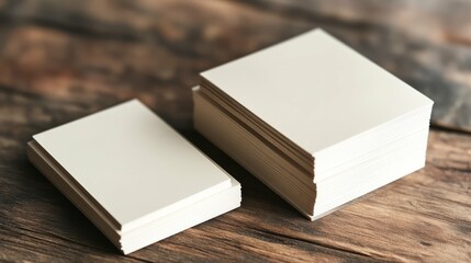 Fototapeta premium Two stacks of blank, cream-colored cards lie on a rustic wooden surface, showcasing a minimalist design ideal for crafting or note-taking.