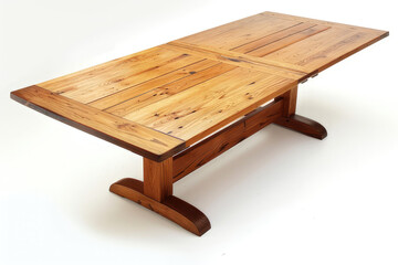 A wooden dining table with a natural finish, designed for gatherings and meals. isolated on white background