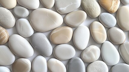 A background of evenly spread sea pebbles in shades of gray, beige, and white, with a soft focus effect.