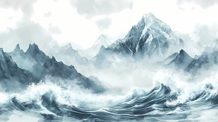 Obraz premium Ocean or sea wave and spindrift on the shore, watercolor hand drawn illustration. Spindrift. Illustration