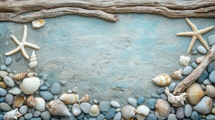 A background of sea pebbles mixed with tiny seashells and driftwood pieces for a coastal vibe.