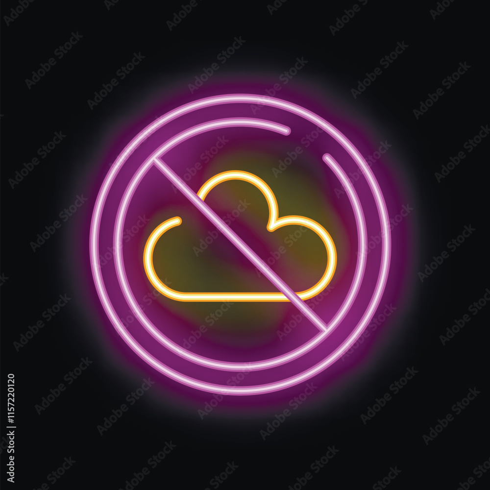 Poster purple and yellow neon sign showing a cloud computing symbol with a diagonal line through it on a da