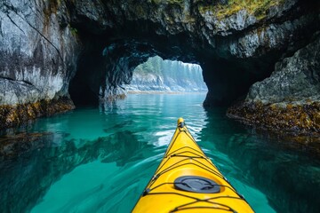 A dynamic kayaking scene featuring a yellow kayak entering a rocky cave with clear blue waters, highlighting exploration and adventure in a stunning natural setting.