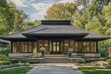 Fototapeta premium A beautifully crafted traditional Japanese architectural structure surrounded by verdant greenery, epitomizing serenity, balance, and cultural heritage in a peaceful garden setup.
