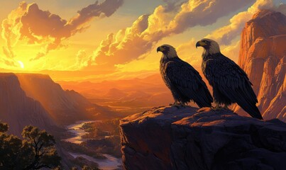 Fototapeta premium Two eagles are perched on a rock in front of a sunset