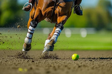 Fototapete An exciting scene from a high-energy polo match, featuring a horse kicking up dirt while pursuing the ball with determination, embodying sport and competition. © ChaoticMind