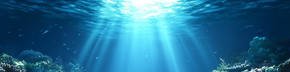 Underwater view of the ocean floor with sunlight beams penetrating the water surface, creating a serene and ethereal ambiance. Aquatic landscape with a wide-angle perspective.
