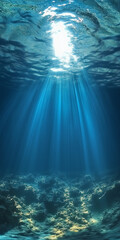Fototapeta premium Underwater view of the ocean floor with sunlight beams penetrating the water surface, creating a serene and ethereal ambiance. Aquatic landscape with a wide-angle perspective.