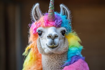 A whimsical llama sports a rainbow mane and a glittering horn, resembling a unicorn, creating a fantasy-like and joyful appearance in vivid colors.