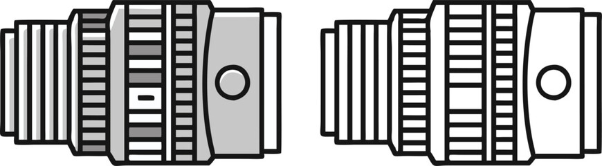 Detailed Camera Lens Icons in Line Art, Vector illustration of two camera lens icons in grayscale line art style, showcasing detailed designs for professional photography equipment.
