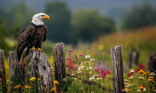 A bald eagle is perched on a wooden fence post