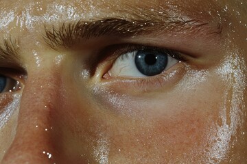 A hyper-realistic close-up of a human face, showing detailed pores, eyelashes, and natural imperfections illuminated by soft light