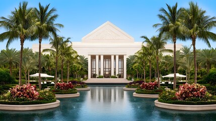 Elegant Resort with Palm Trees and Tranquil Water Reflections