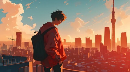 Male character in a red shirt viewed from the back against a vibrant city skyline