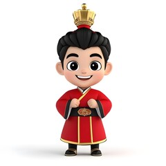 Cute Cartoon Character in Traditional Royal Costume with Crown