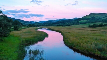 Obraz premium Stunning Scenic Landscape with Serene River and Majestic Mountains at SunriseSunset