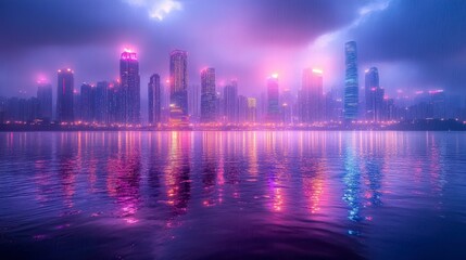 Fototapeta premium City skyline at twilight reflected in calm water.