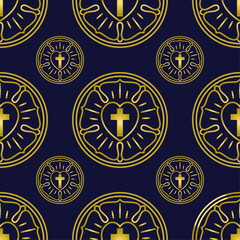 Pattern of stylized Luther roses on a dark blue background. Seamless vector Pattern for backgrounds, cards and printed matter