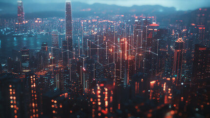 Fototapeta premium Smart digital Innovation city with connection network reciprocity over the cityscape. of future smart wireless digital city and social media networking systems that connects people with in city