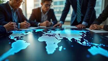 Business team sits around table analyzing global map. Global strategy planning meeting in progress. International cooperation discussion. Team members study map details. Modern tech tools for
