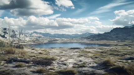 Obraz premium A tranquil lake surrounded by rocky terrain and sparse vegetation under a blue sky with fluffy clouds.