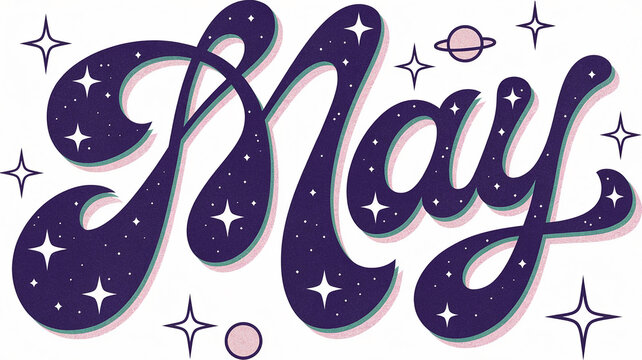"May" lettering with stars and planets on white. Retro style. Month concept. For calendar, poster, flyer. Top view. - Powered by Adobe