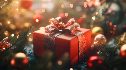A beautifully wrapped red gift box adorned with a sparkling bow, surrounded by festive decorations and twinkling lights.
