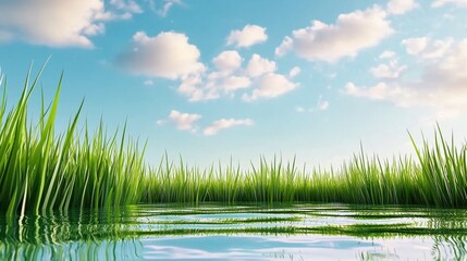 Obraz premium Idyllic Lakeside Landscape with Lush Green Grass and Serene Cloudy Sky Reflection