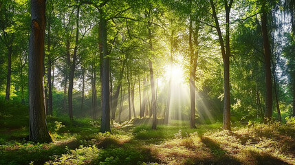 Obraz premium Serene forest scene with sunlight streaming through lush green trees, creating a tranquil and natural atmosphere in an elongated panoramic view.