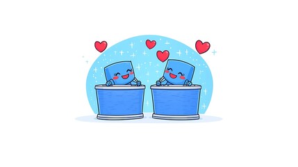 Obraz premium Two cute cartoon characters in love, sitting in blue containers, surrounded by hearts.