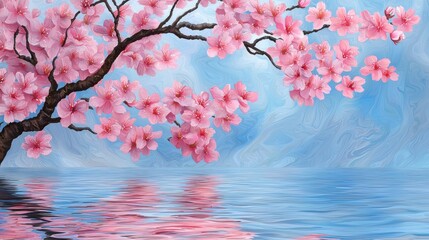 Fototapeta premium Stunning Pink Cherry Blossoms Reflected in Serene Lake with Peaceful Springtime Scenery