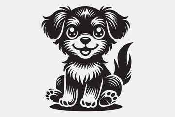 A stylized black and white silhouette of a puppy sitting.