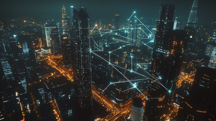 Fototapeta premium Smart digital Innovation city with connection network reciprocity over the cityscape. of future smart wireless digital city and social media networking systems that connects people with in city