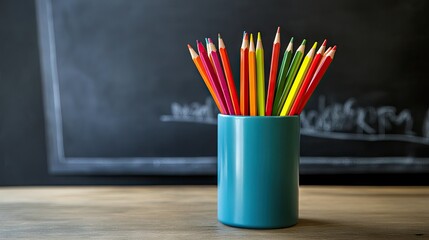 A cheerful classroom desk setup featuring a pencil vase with colorful pencils and a chalkboard in the background.