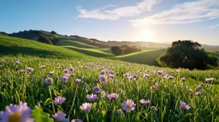 Breathtaking Sunset Landscape with Vibrant Wildflowers in Lush Meadow
