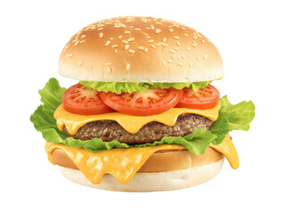 Juicy grilled hamburger with melted cheese, crisp lettuce, ripe tomato, served on a toasted bun, product hero shot, bright colors,