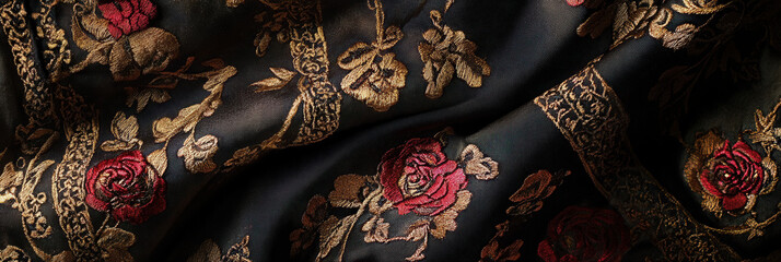 Close-Up of Intricate Black and Gold Brocade Fabric
