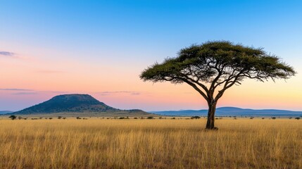 Obraz premium Breathtaking Acacia Tree Silhouette at Dramatic Sunset in Serengeti Kenya
